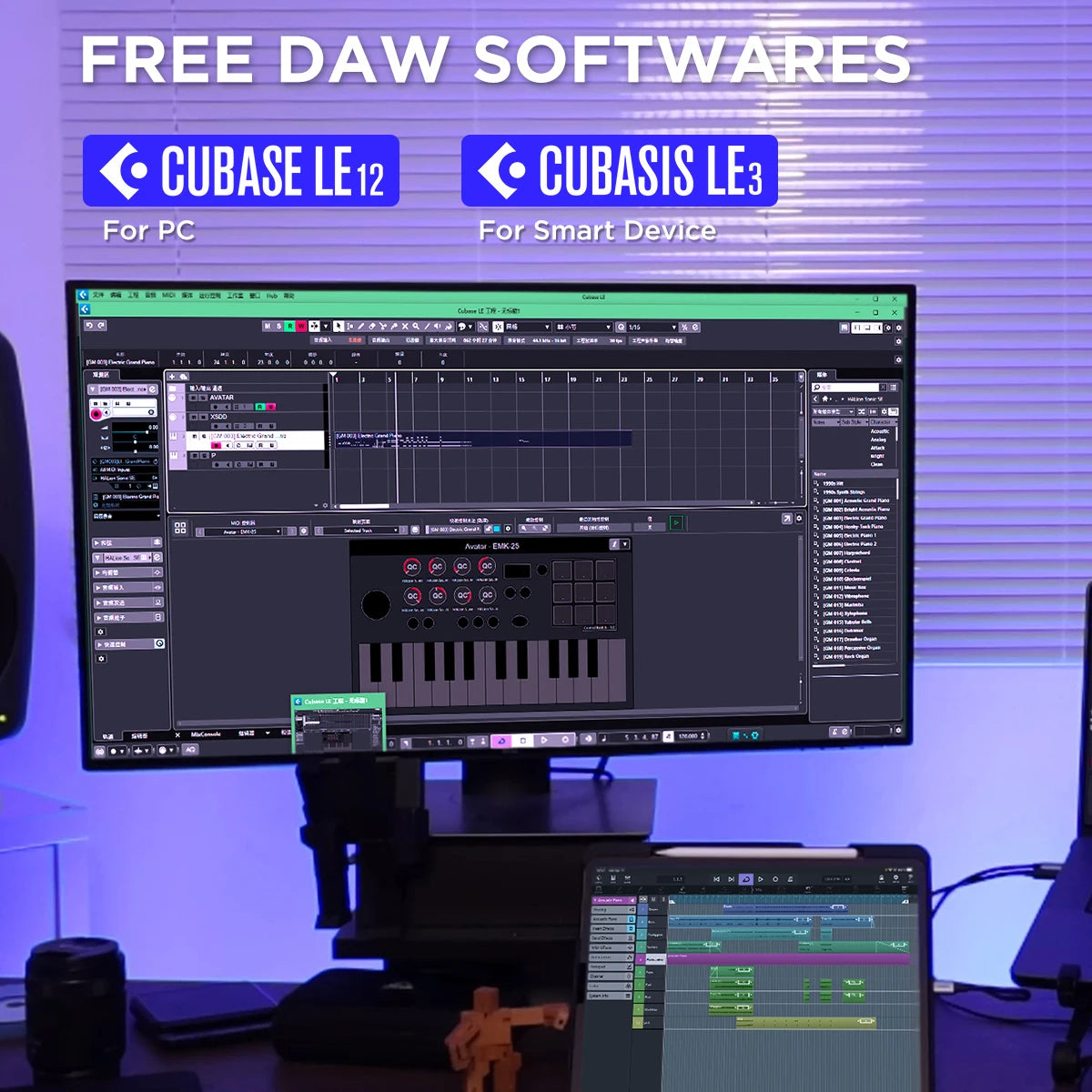 Wireless 25 Key Portable MIDI Keyboard Controller, With 9 Backlit Beat Pads, OLED Display, 8 Knobs, Software Included