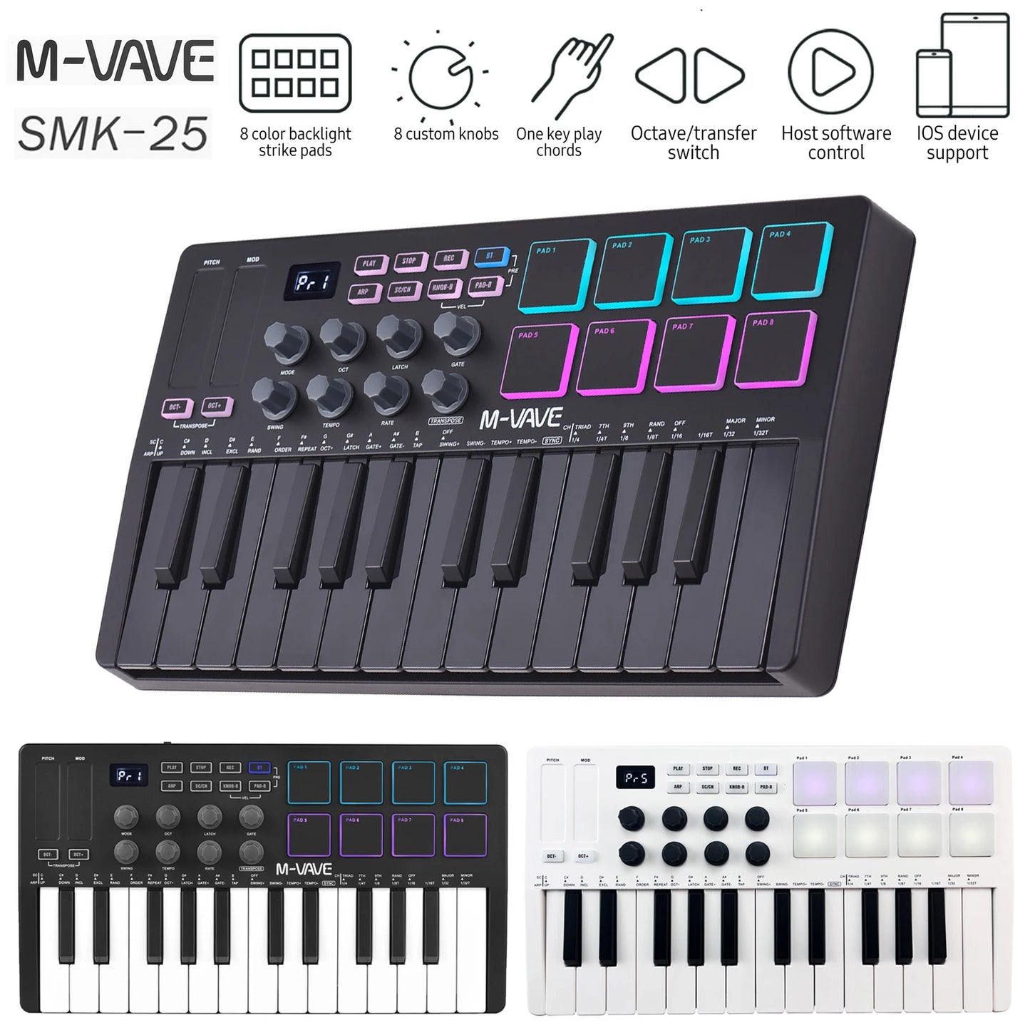 M-VAVE SMK-25 MIDI Keyboard Controller 25-Key 8 RGB Backlit Drum Pads Beats Maker Music Keyboard Strike Pad for Music Production
