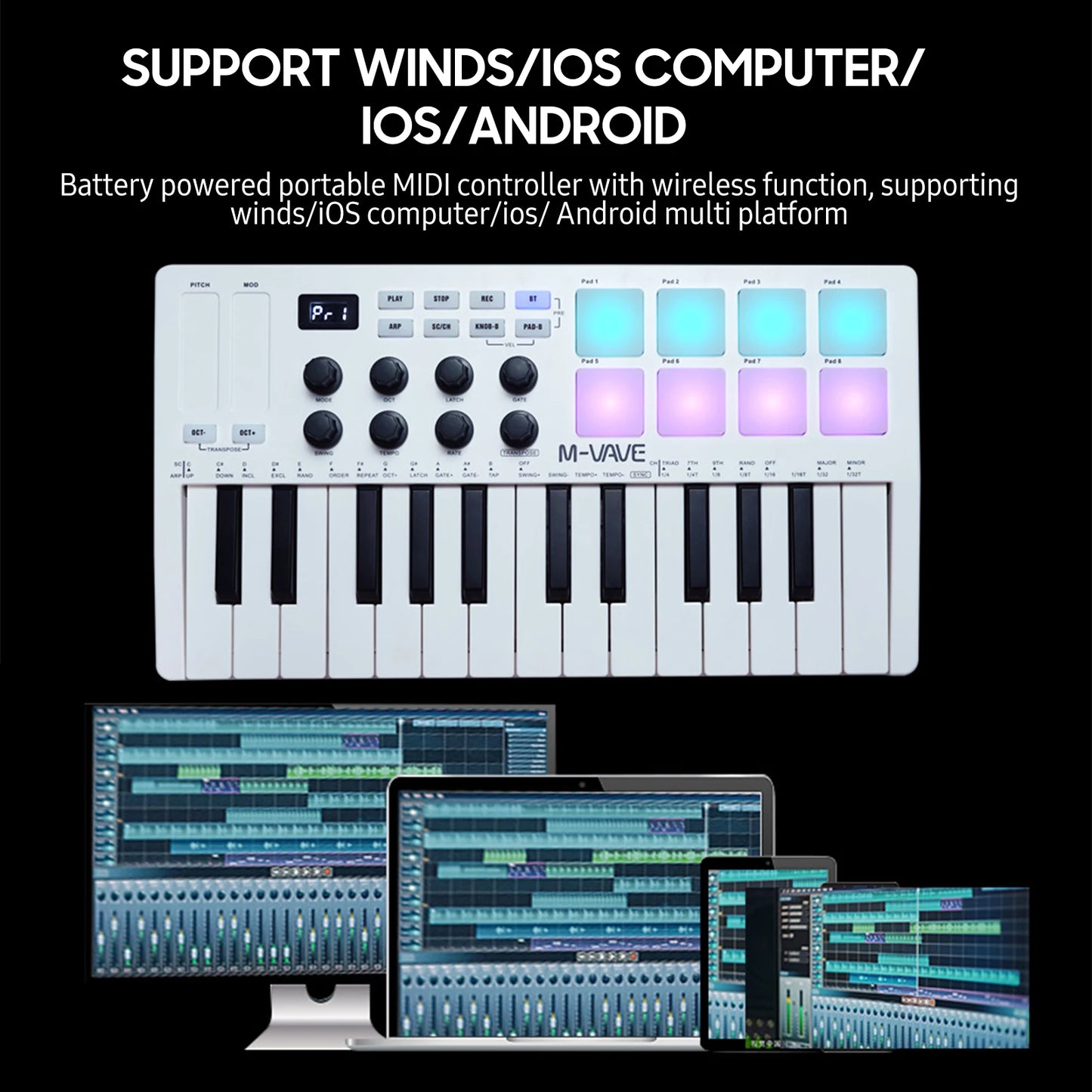 M-VAVE SMK-25 MIDI Keyboard Controller 25-Key 8 RGB Backlit Drum Pads Beats Maker Music Keyboard Strike Pad for Music Production