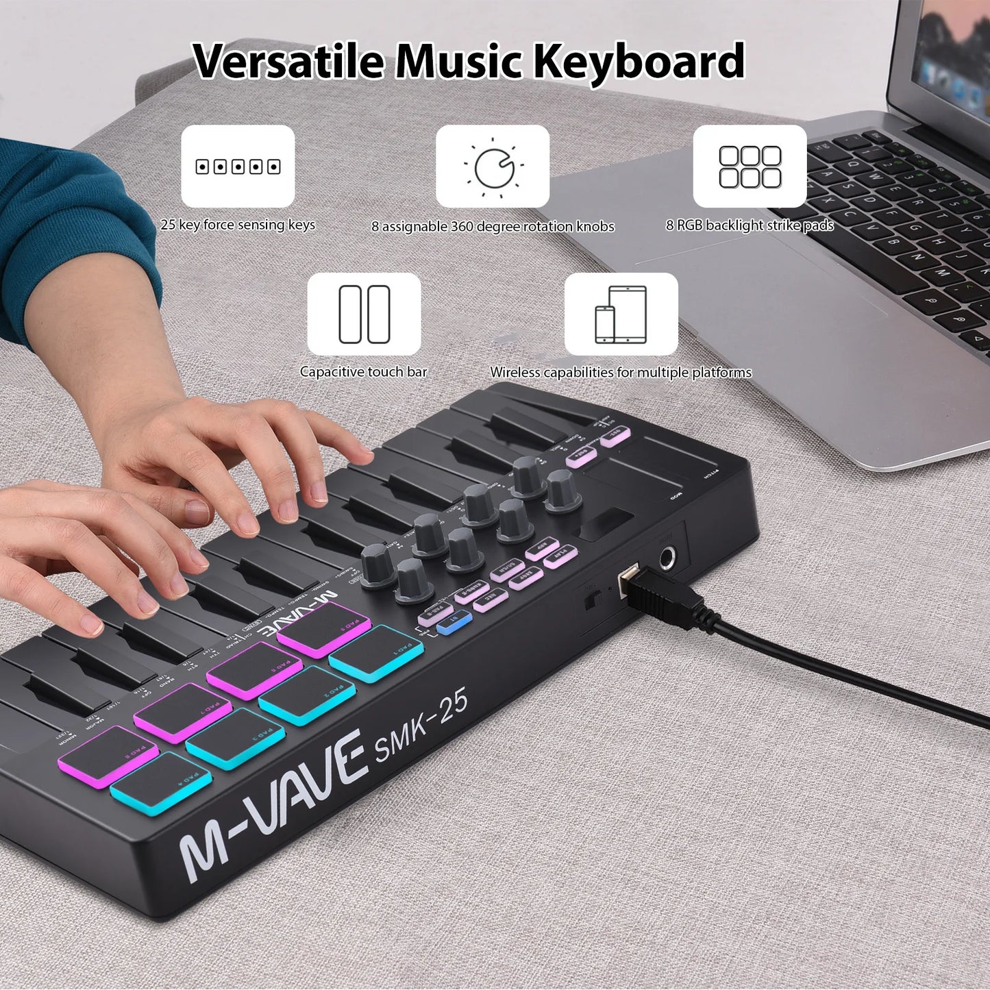 M-VAVE SMK-25 MIDI Keyboard Controller 25-Key 8 RGB Backlit Drum Pads Beats Maker Music Keyboard Strike Pad for Music Production