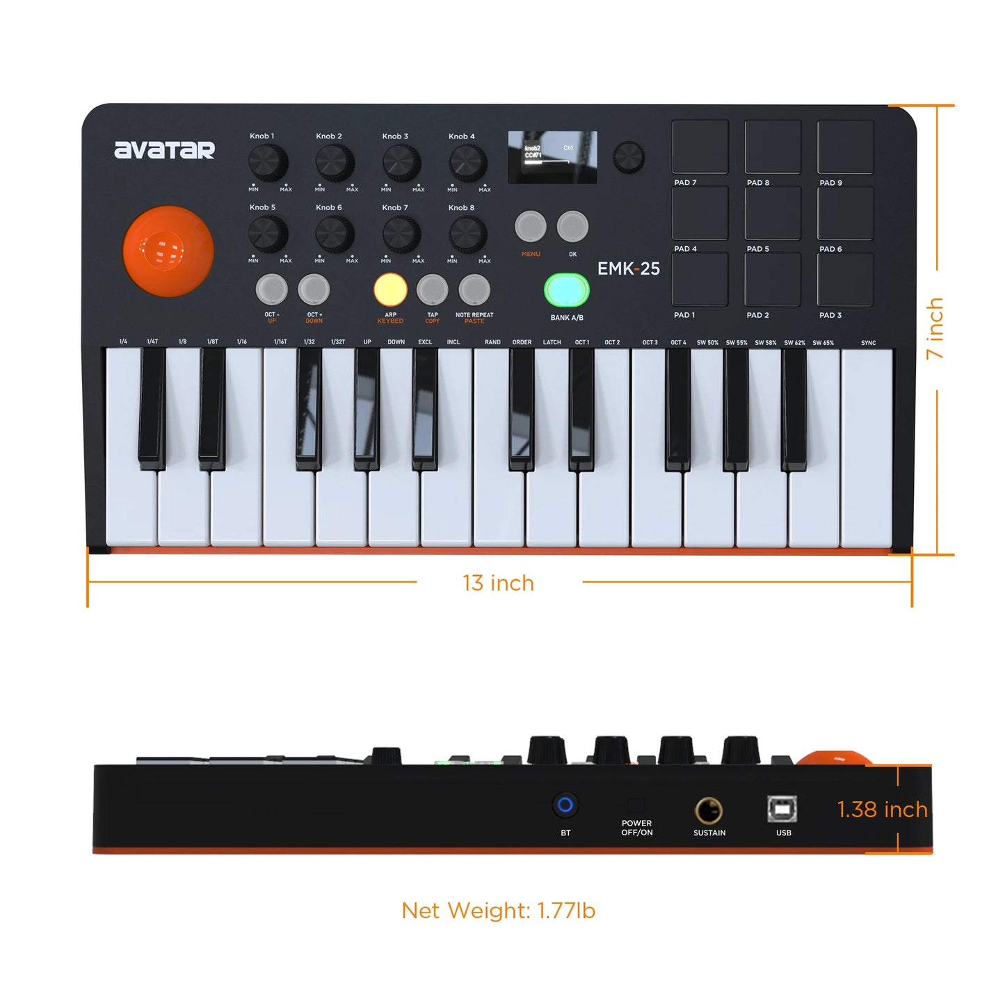 Wireless 25 Key Portable MIDI Keyboard Controller, With 9 Backlit Beat Pads, OLED Display, 8 Knobs, Software Included