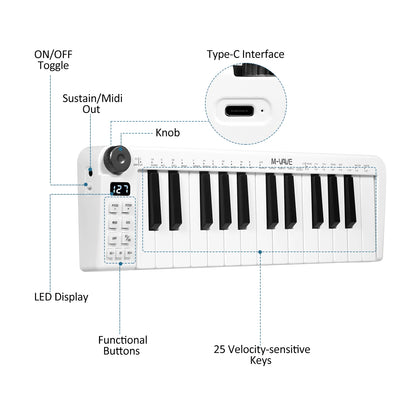 M-VAVE SMK-25mini MIDI Keyboard 25-Key MIDI Control Rechargeable USB Keyboard MIDI Controller with 25 Velocity Sensitive Keys