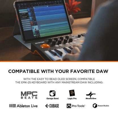 Wireless 25 Key Portable MIDI Keyboard Controller, With 9 Backlit Beat Pads, OLED Display, 8 Knobs, Software Included