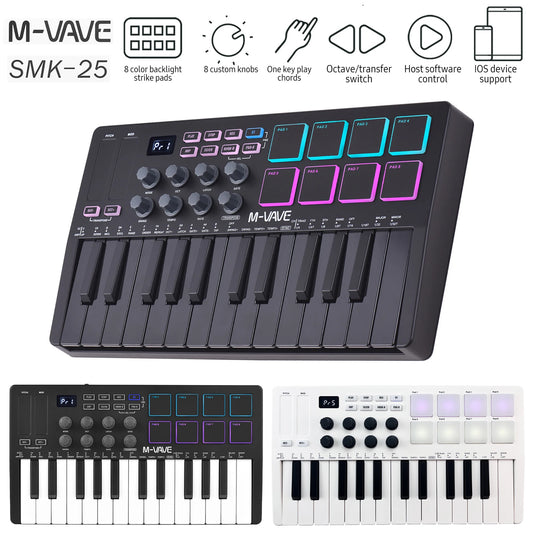 M-VAVE SMK-25 MIDI Keyboard Controller 25-Key 8 RGB Backlit Drum Pads Beats Maker Music Keyboard Strike Pad for Music Production