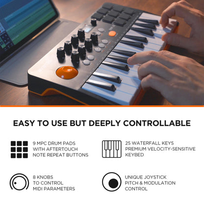 Wireless 25 Key Portable MIDI Keyboard Controller, With 9 Backlit Beat Pads, OLED Display, 8 Knobs, Software Included