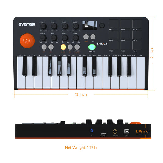 Wireless 25 Key Portable MIDI Keyboard Controller, With 9 Backlit Beat Pads, OLED Display, 8 Knobs, Software Included